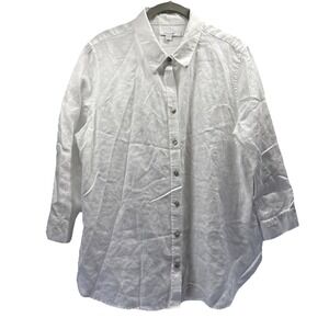 Chicos Womens 100% Linen White Blouse Sz Large Button Up 3/4 Sleeves Pleat Beach